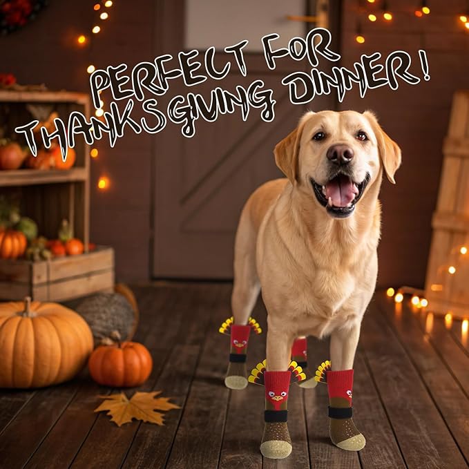 EXPAWLORER Thanksgiving Anti Slip Dog Socks to Prevent Licking Paws,Boots & Paw Protectors with Grippers,Doggie Booties for Hardwood Floors for Small Medium Large Senior Dogs Lifelike Costume Turkey M