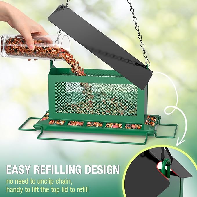 Bird Feeder for Outdoor Hanging, Large Squirrel Proof Birdfeeders with 14 Feeding Ports - Heavy Duty Metal Bird Feeders for Large Capacity Outside Hanging, Green