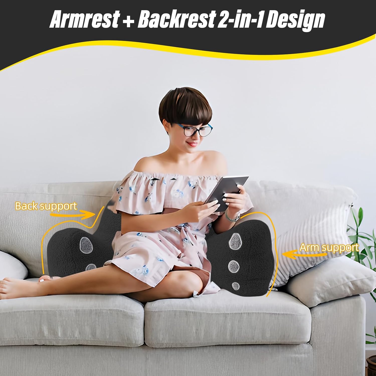 Reading Pillow for Sitting in Bed Couch Teens/Adult, Back Rest Pillow for Sitting Up in Bed with Shredded Memory Foam, Includes Arms and Washable Cover (Black)