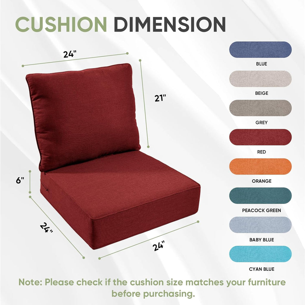 Outdoor Chair Cushion Set, 24x24 Waterproof Patio Chair Cushions, 6" Thickened Seat Cushion for Outdoor Chairs and Couch, Include 1 Back & 1 Seat Cushion, Thick/Red