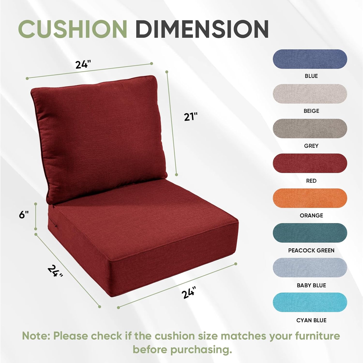 Outdoor Chair Cushion Set, 24x24 Waterproof Patio Chair Cushions, 6" Thickened Seat Cushion for Outdoor Chairs and Couch, Include 1 Back & 1 Seat Cushion, Thick/Red