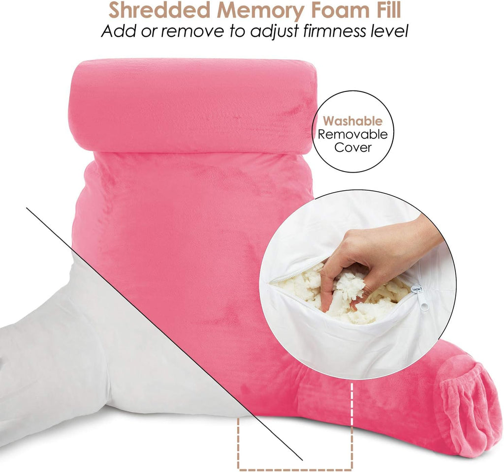 Nestl Reading Pillow with Shredded Memory Foam Includes 2 Neck and Lumber Support Pillows, Designed for Sitting Up in Bed and Couch, Back and Arms Adjustable Support for Adult & Teens, Light Pink