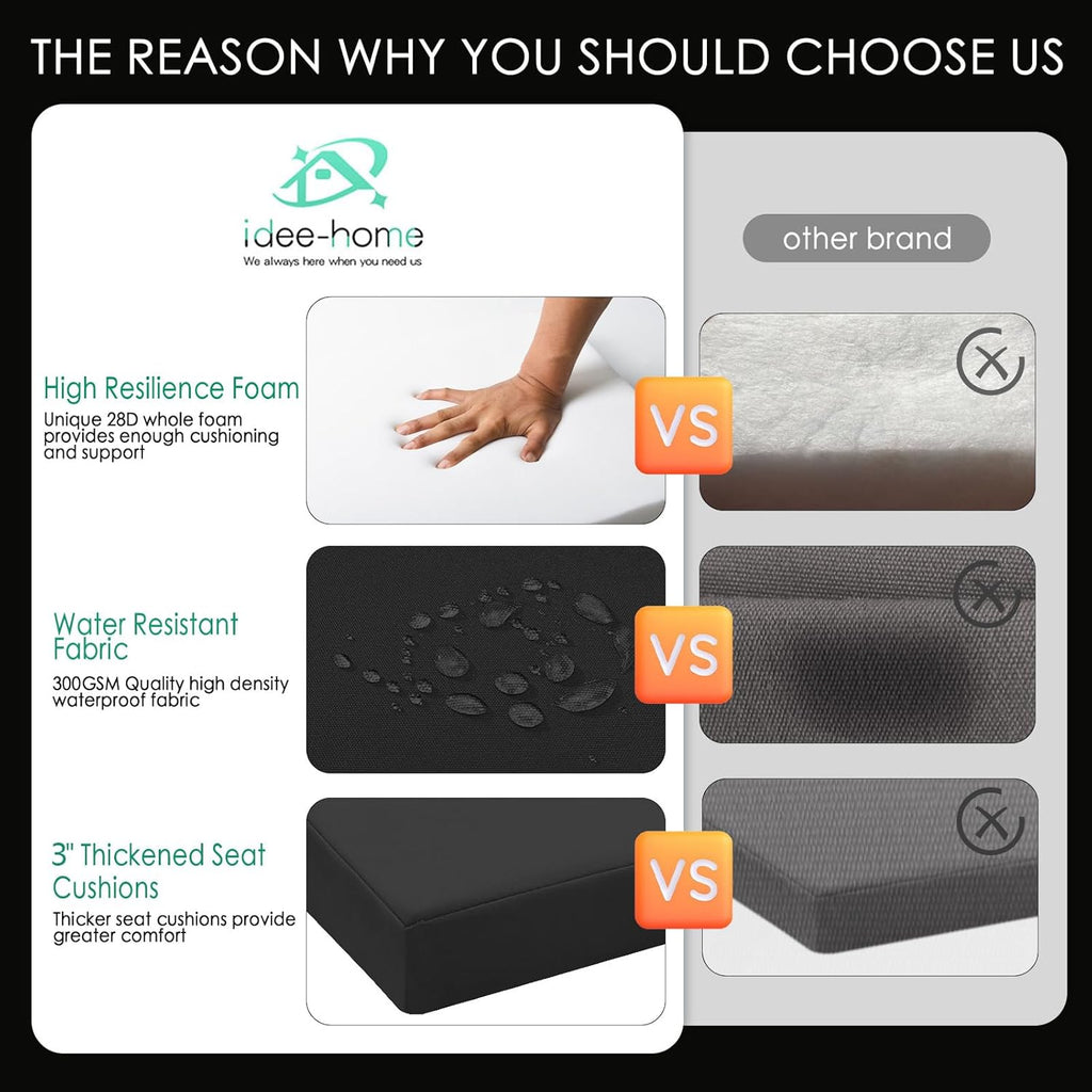 idee-home Outdoor Chair Cushions Set of 2, Thick 17" x 17" x 3" Outdoor Seat Cushion Patio Furniture Waterproof with Ties, Patio Chair Pads Dining Black