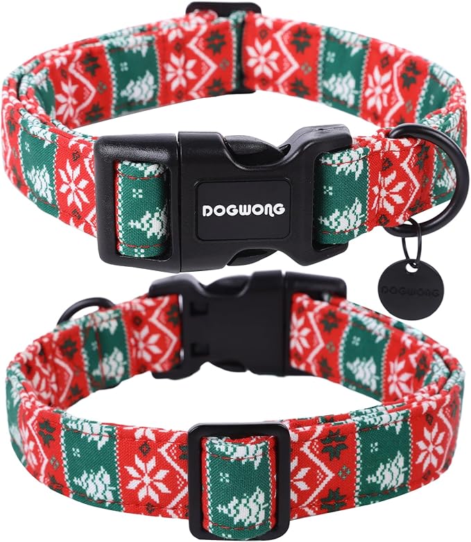 DOGWONG Christmas Cotton Dog Collar, Red Green Stripe Christmas Dog Collar Durable Soft Pet Collars Cute Red Necklace for Medium Large Dogs,M