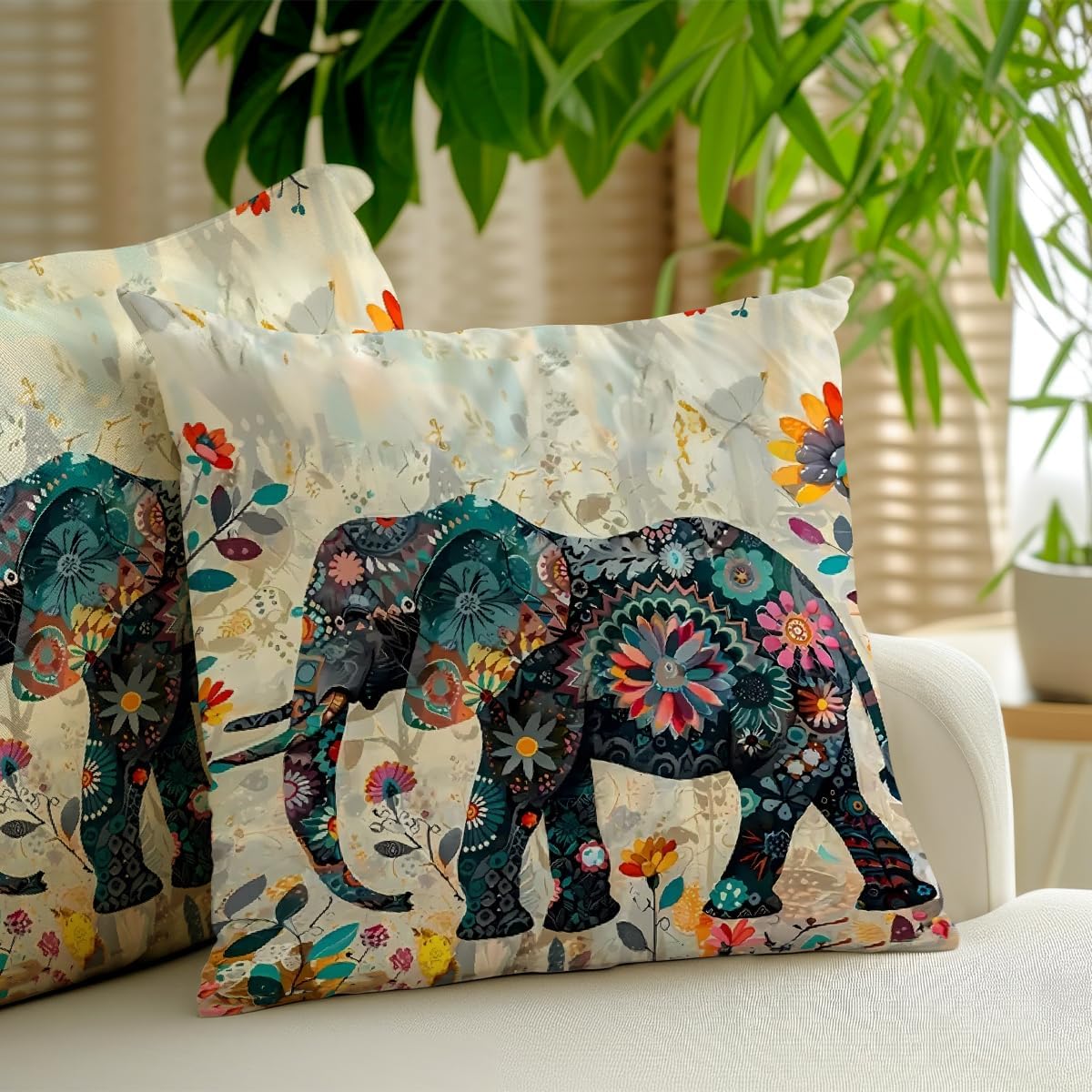 2 Pcs Elephant Throw Pillow Cover, Ethnic Style Bohemian Pattern Creative Animal Elephant Decorative Pillow Case Home Decor Square Cushion Cover for Bedroom Living Room Office Home Decor