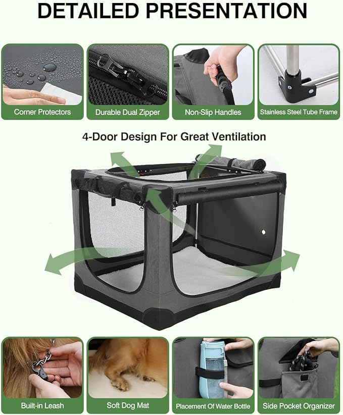 30 Inch Collapsible Travel Dog Crate for Medium Large Dogs, Portable Dog Crate 4-Door Foldable Soft Kennel with Durable Mesh Windows for Indoor & Outdoor Travel, with Storage Bag,Grey