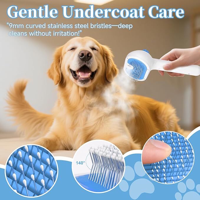 Pet Steam Brush for Dog & Cat - 3-in-1 Steam Grooming Brush for Shedding & Hair Removal - Self Cleaning Spray Comb with Mist for Long Haired Pets, Blue