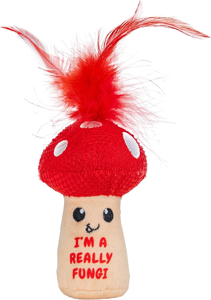 Catstages A Really Fungi Cat Kicker Toy with Catnip and Dental Mesh, Mushroom Shape, Plush and Feather Cat Toy for Kicking, Tossing, and Teeth Cleaning, Red