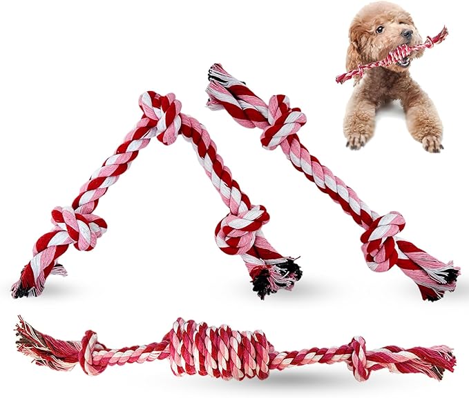 Puppy 3 Pack Cotton Knot Rope Toys for Small Dogs & Puppies, Durable Teething & Tug of War Chew Toy, Safe Interactive Toy for 2-8 Months Pets and High Active Puppy (Pink, Small)
