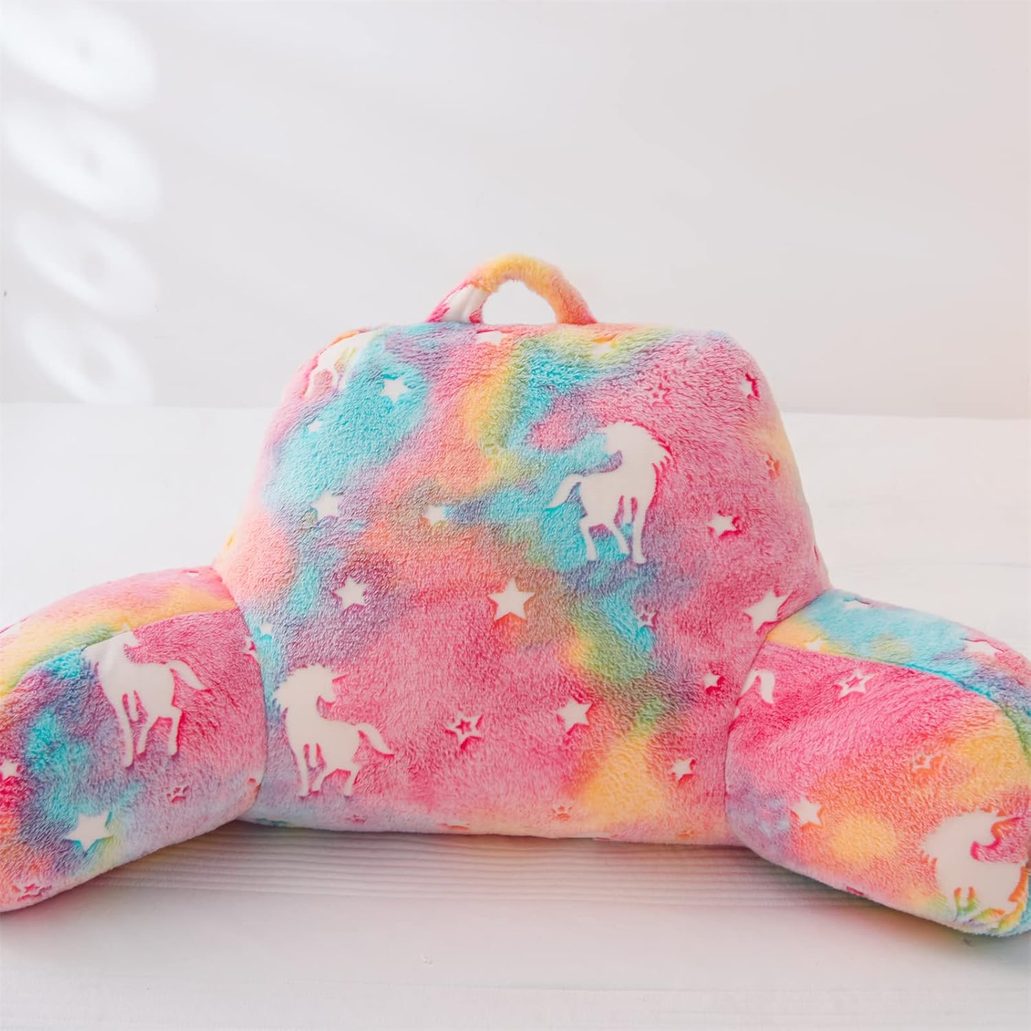 Meeting Story Colorful Unicorn Luminous Reading Pillows Glow in The Dark with Arms Back Pillow for Bed, Bed Rest Pillow for Adults, Teens, Kids, (Rainbow)