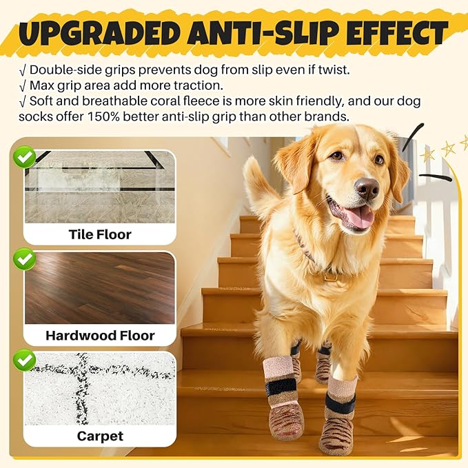 SlowTon Dog Socks with Double-Sided Grippers - 4PCS Dogs Grip Socks for Hot & Cold Pavement or Hard Floors, Non-Slip Paw Traction Protectors for Senior Small Medium Large Dogs(Brown, XL)
