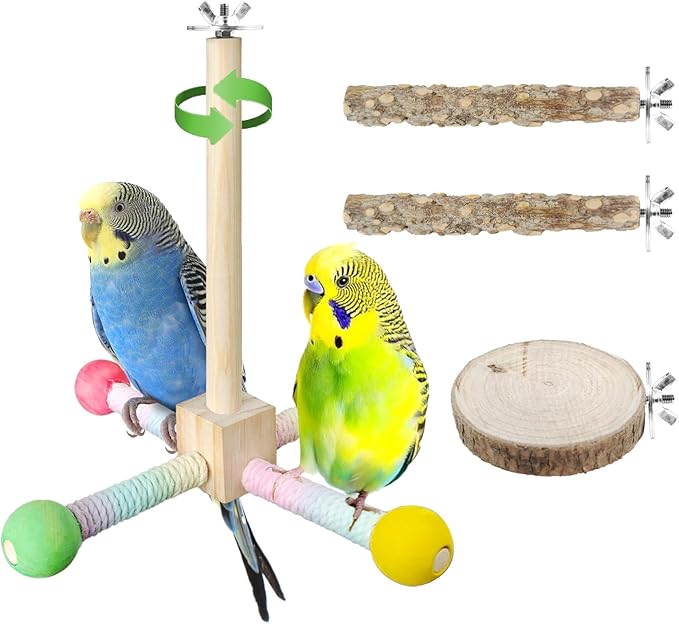 Bird Stand Perch Toy, Parrot 360° Interactive Rotating Parakeet Toys, Wooden Bird Cage Accessories Exercise Wheel Parrot Budgie Toys, Suitable for Cockatiels Lovebirds Conures Finches