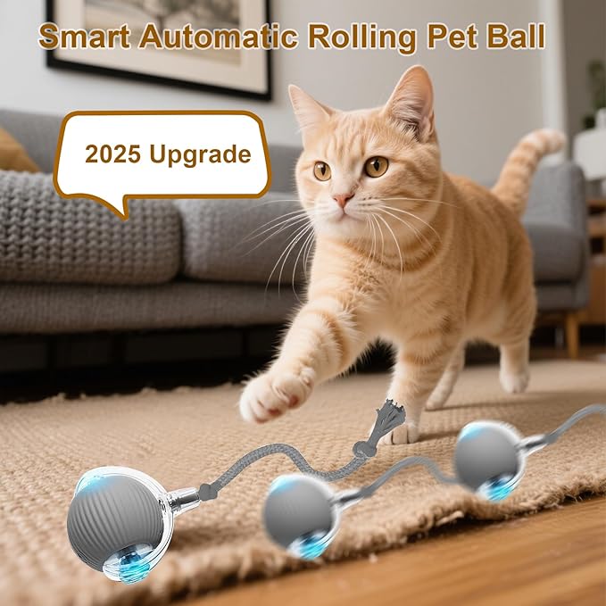 Interactive Cat Toy, 2025 New Interactive Rolling CatsToy Balls 360° Smart Automatic Rolling Pet Ball, Fast Moving Toy for Dog,Cat Ball Toy (Grey)