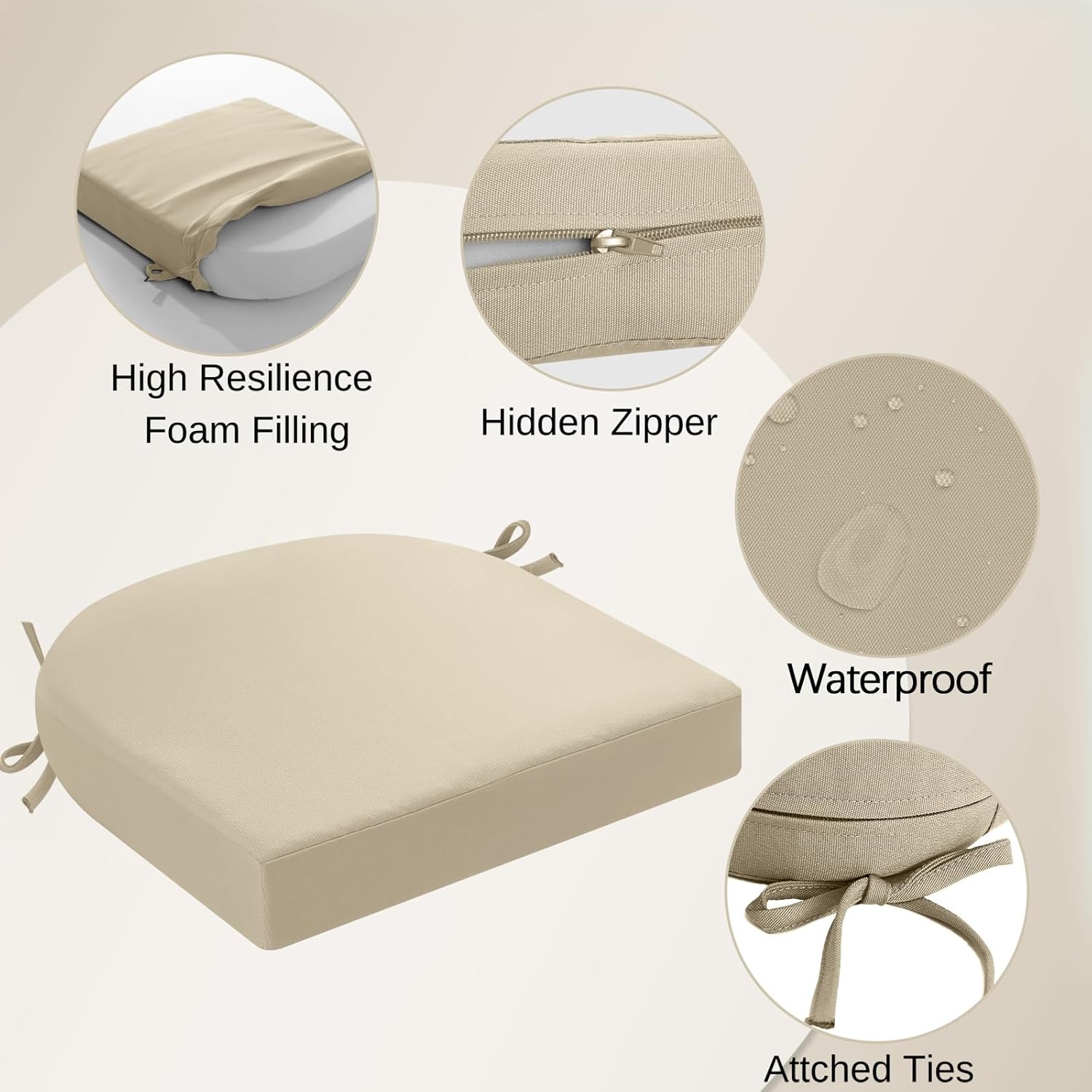 idee-home Outdoor Chair Cushions Set of 4, Thick 19" x 19" x 3" Outdoor Seat Cushions Patio Furniture Waterproof with Ties, Dining Pads