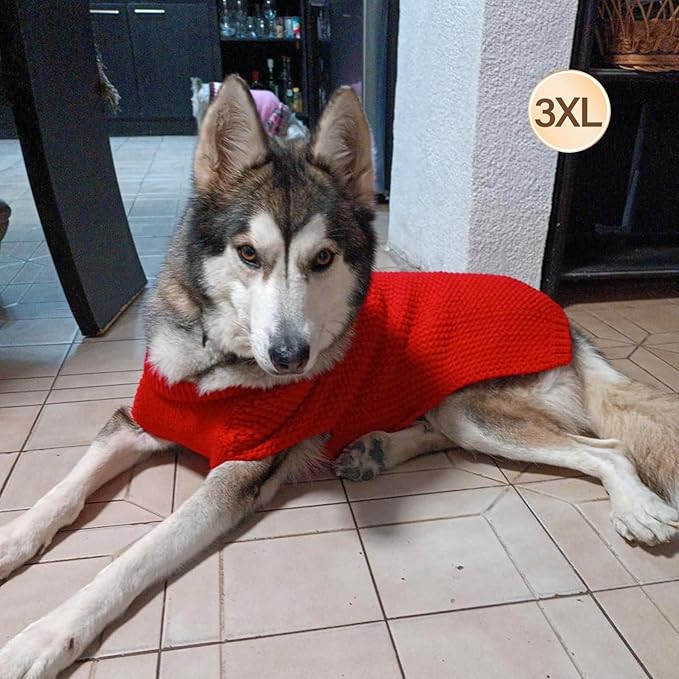 KYEESE Dog Christmas Sweater for Large Dogs with Leash Hole Warm Pullover with Reflective Yarn Male Thick Stretchy Knitwear Winter Soft Pet Coat boy Cold Weather Comfy Dog Sweaters,Red,XXX-Large
