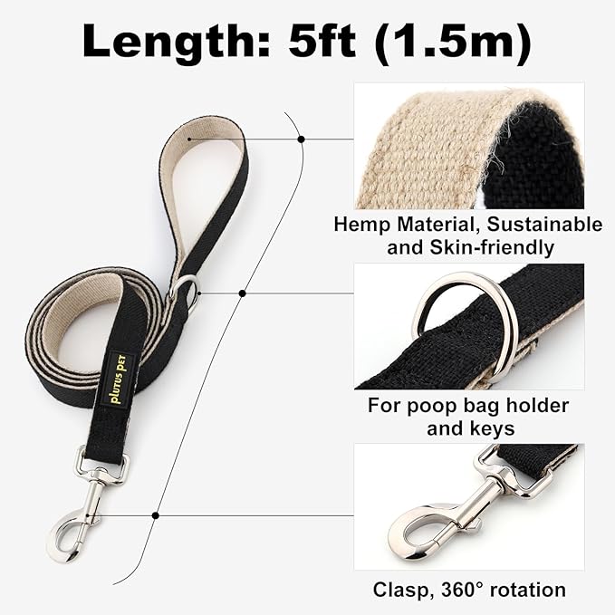 Plutus Pet Cotton Hemp Dog Collar and Leash Set, Adjustable Collar for Small, Medium, and Large Dogs, Heavy Duty and Soft on Skin, Black, XS