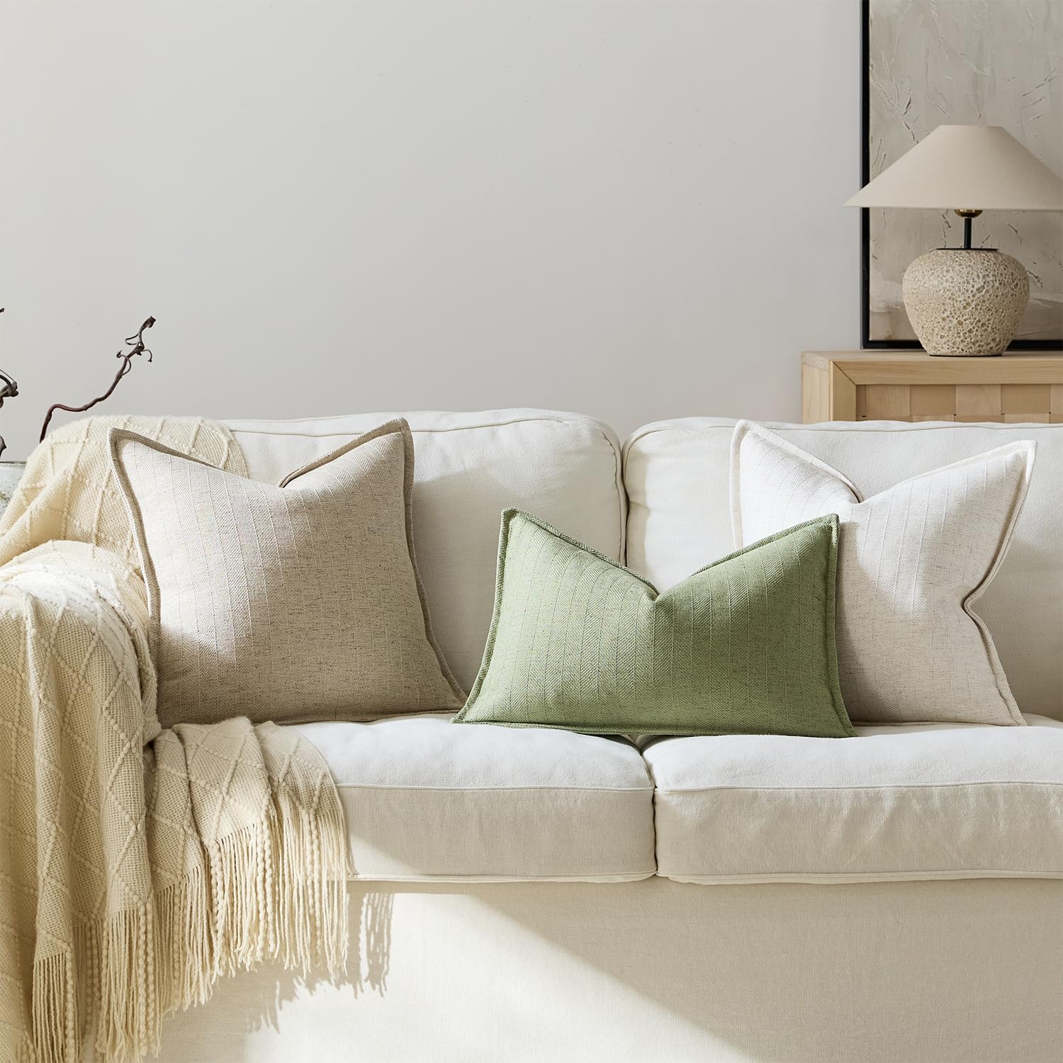 22x22 Linen Pillow Covers Natural Beige Pack of 2 Farmhouse Boho Neutral Accents Striped Textured Square Decorative Throw Pillow Cases for Living Room Couch Bed Home Decor