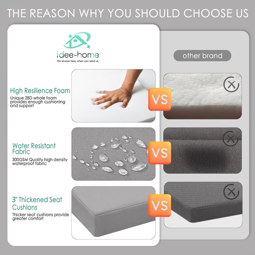 idee-home Outdoor Chair Cushions Set of 2, Thick 17" x 17" x 3" Outdoor Seat Cushion Patio Furniture Waterproof with Ties, Patio Chair Pads Dining Silver Grey