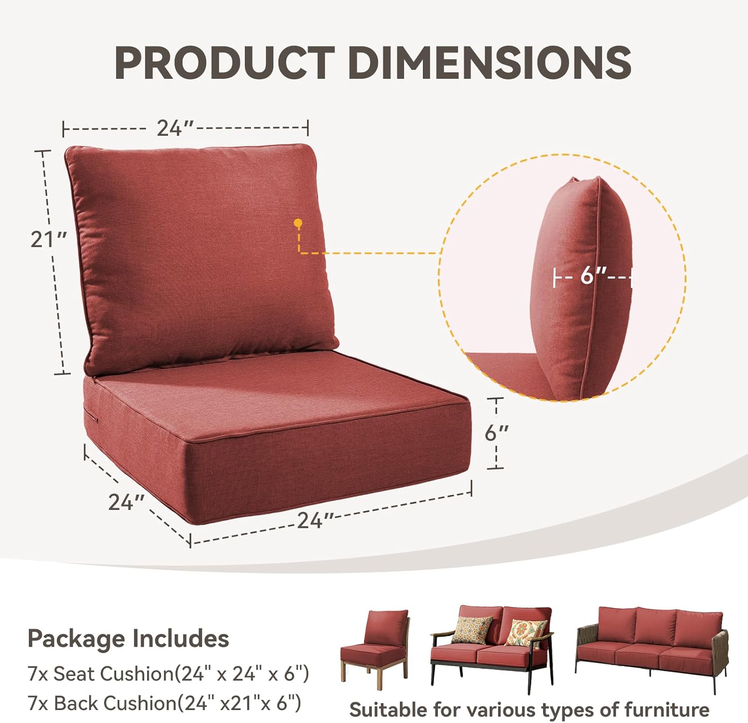 Outdoor Cushion Set for Furniture Patio Furniture, UV Resistant, Water Resistant - 6 Inch Thick Foam Garden Cushions– 24x24 Inch Patio Seat Covers for Chair/Sofa/Couch | Red | 7-Pack |