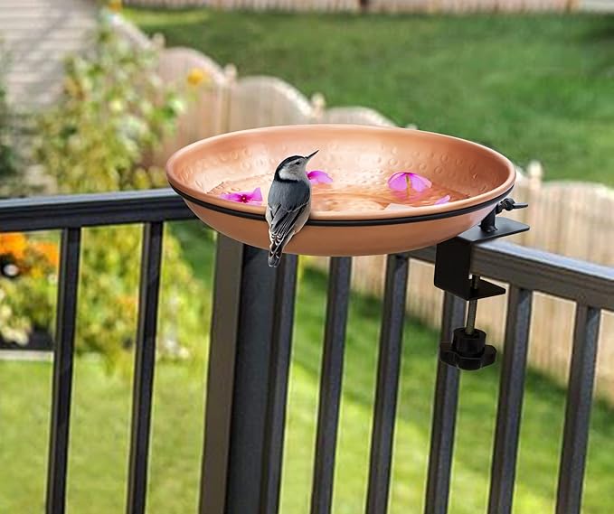 Monarch Abode Pure Copper Hand Hammered Deck Mounted Bird Bath and Feeder w/Iron Clamp, 1.75-inch Detachable Iron Clamp Outdoor Birdbath and Birdfeeder for Garden Patio & Deck, Bird Water Feeder
