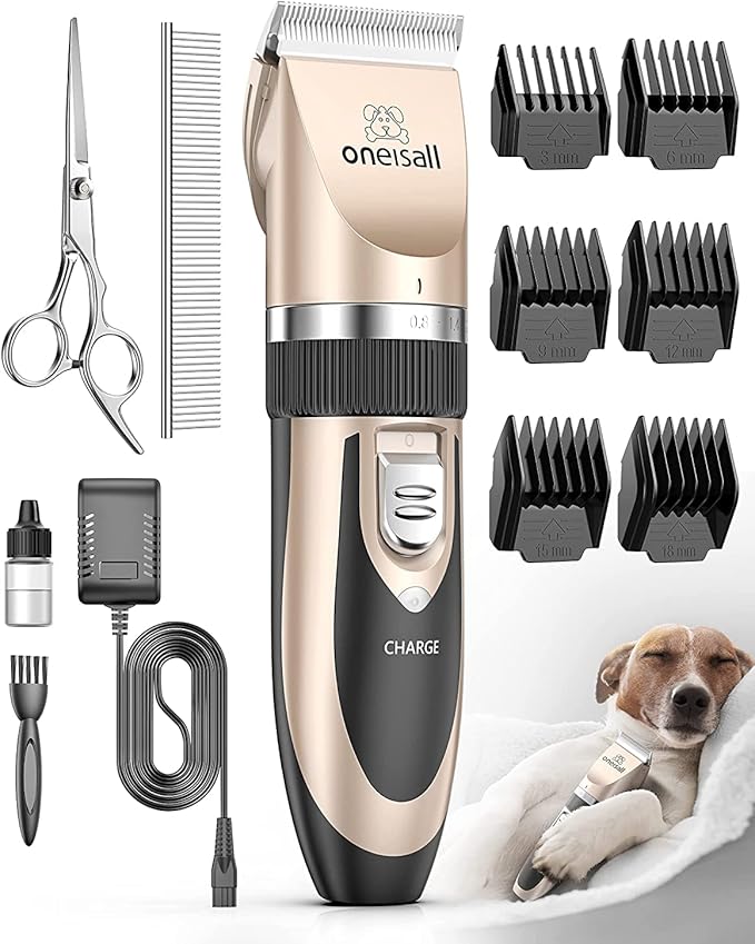 oneisall Dog Clipper Low Noise, Dog Grooming Kit with Rechargeable, Pet Shaver Cordless Electric Quiet Hair Clipper Set for Dogs Cats Pets（Gold）
