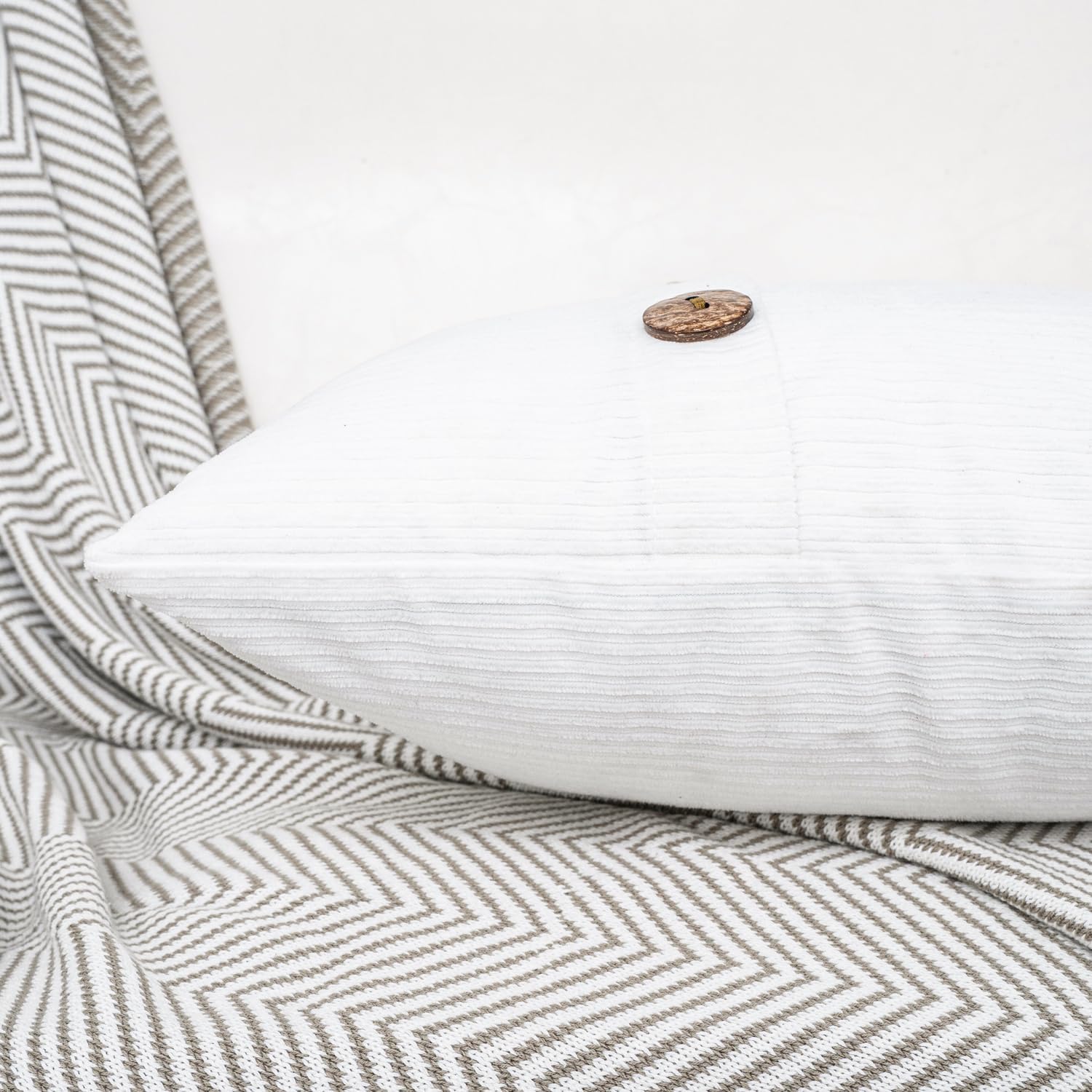 HWY 50 White Chenille Throw Pillow Covers 16x16 Inch with Triple Buttons, Soft Farmhouse Accent Decorative Cushion Cases for Couch Sofa Bed Bedroom Pack of 2