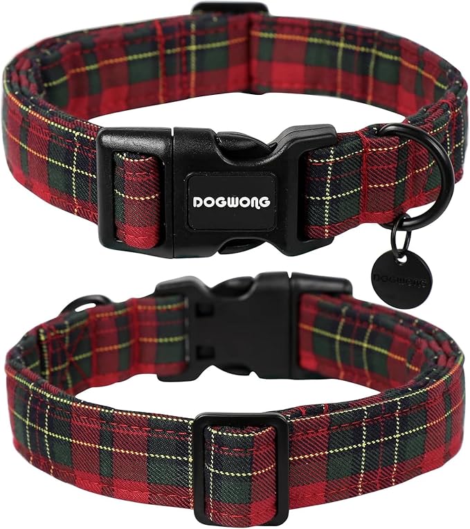 DOGWONG Cotton Christmas Dog Collar, Heavy-Duty Christmas Red Plaid Dog Collar Durable Soft Natural Fabric Pet Dog Collars Cute Holiday Puppy Necklace for Medium Large Dogs,Medium