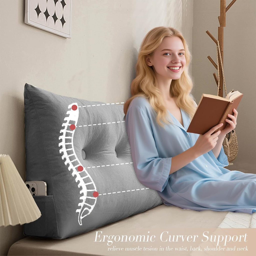 Queen Size Headboard Pillow Wedge Long Backrest Positioning Support for Sitting up Sleeping in Daybed Sofa Couch Wedge Bed Gap Filler Rest Large Reading Pillow with Side Pocket Bolster Cushion