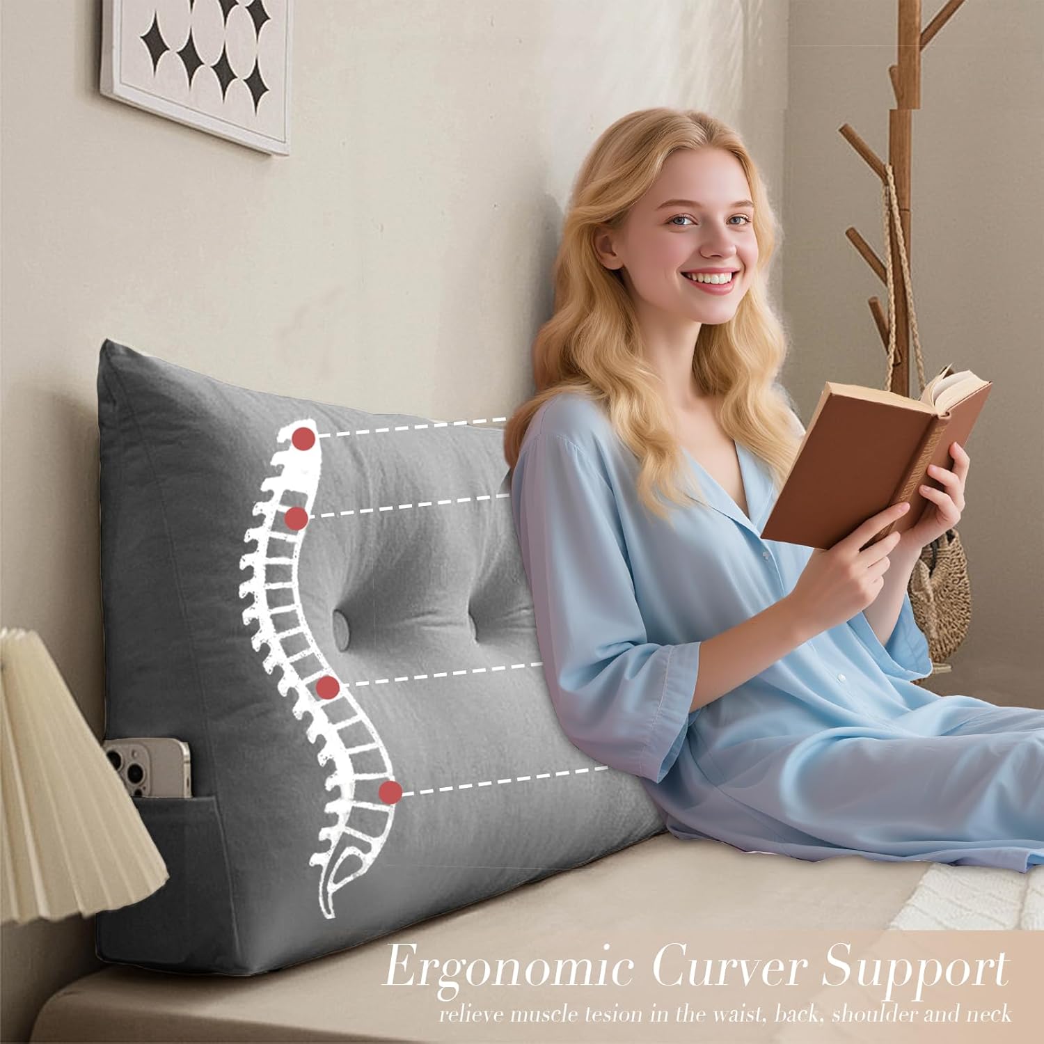 Queen Size Headboard Pillow Wedge Long Backrest Positioning Support for Sitting up Sleeping in Daybed Sofa Couch Wedge Bed Gap Filler Rest Large Reading Pillow with Side Pocket Bolster Cushion