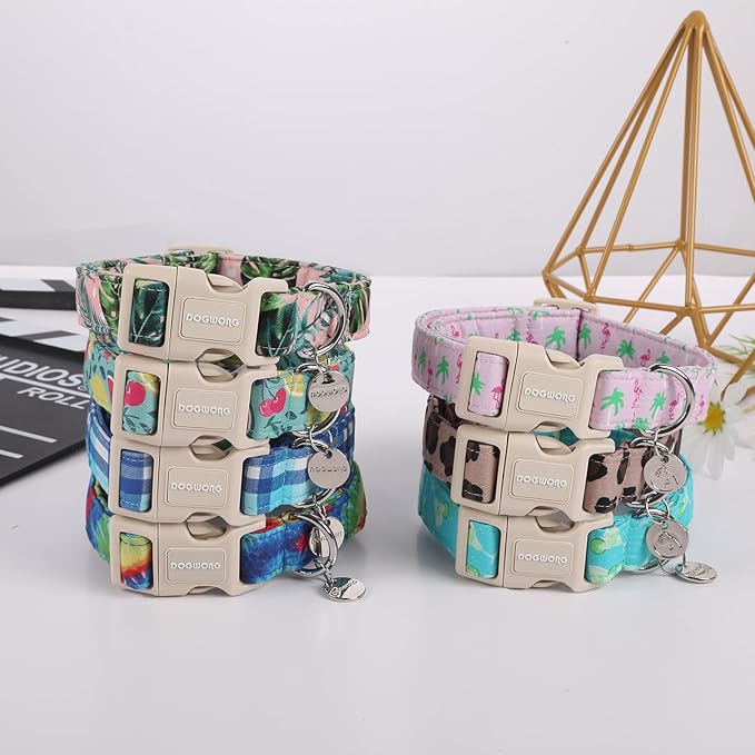 DOGWONG Cotton Dog Collar, Blue Plaid Heavy-Duty Dog Collar Durable Soft Boy Dog Collar Cute Wedding Puppy Necklace for Small Medium Large Dog