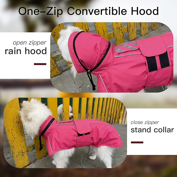 Waterproof Dog Raincoat, Windproof Rain Jacket for Large Dogs with Reflective Strips, Convertible Hood/Collar Poncho with Leash Hole Full Body Protection (Neon Pink, XXL)