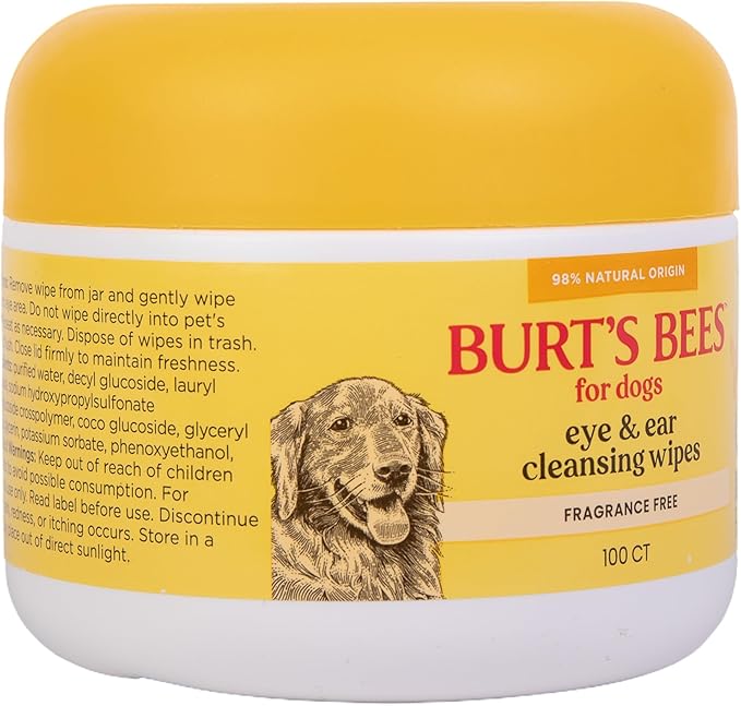 Burt's Bees for Pets Eye & Ear Cleansing Wipes for Dogs, Fragrance-Free, 98% Natural Origin Formulas, Gentle Spot Cleaning Sheets for Dog Eyes and Ears, 100 Count