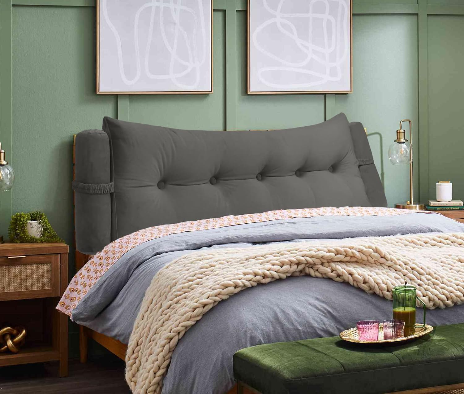 Triangular Reading Bedrest Pillow Large Bolster Cushion Headboard Backrest Wedge Pillow with Two Detachable Roll Pillows for Neck & Lumbar Support (Grey, California King 71x8x20 inches)