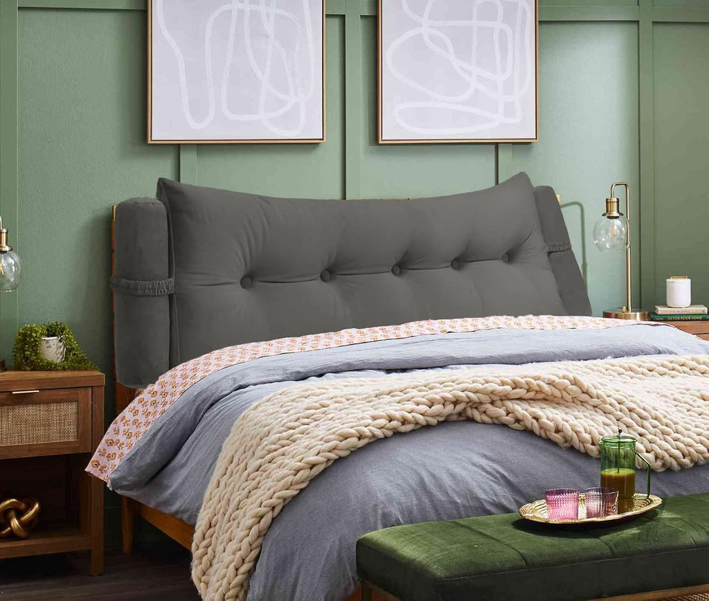 Triangular Reading Bed Rest Pillow Large Bolster Cushion Headboard Backrest Wedge Pillow with Two Detachable Roll Pillows for Neck & Lumbar Support (Grey, King: 77 x 8 x20 inches)