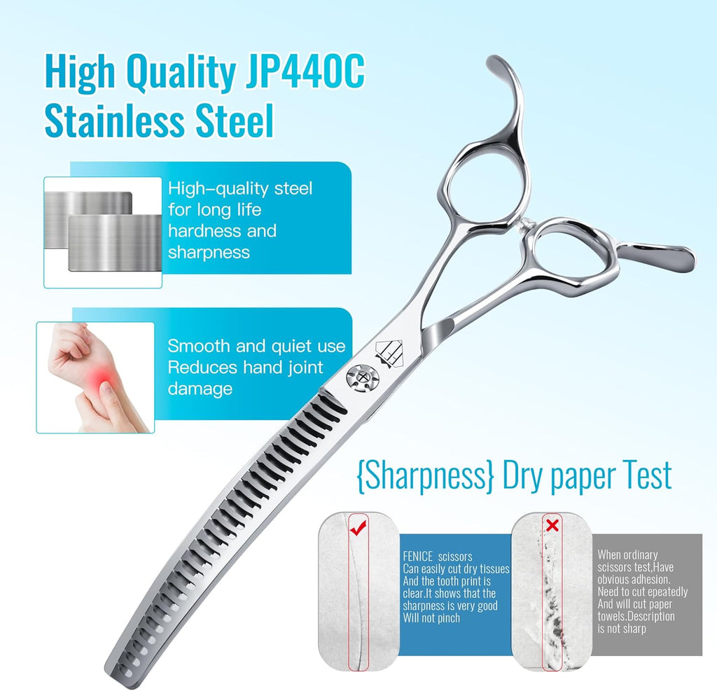 Professional Curved Thinning Scissors for Dog Grooming, 30-Degree Curvature, Japanese 440C for Trimming Dogs Cats and Other Pets face and paws (Curved Chunker)