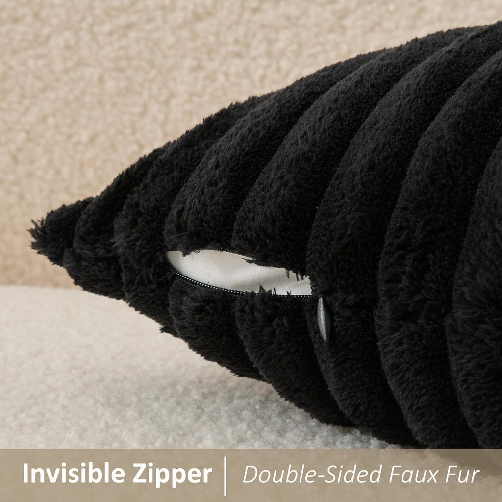 Kevin Textile Soft Plush 14x24 Inch Lumbar Pillow Cover 1 Pack, Luxury Fluffy Faux Fur Striped Flannel Rectangle Cushion Case for Couch Sofa Chair Bed Home Decor, Black
