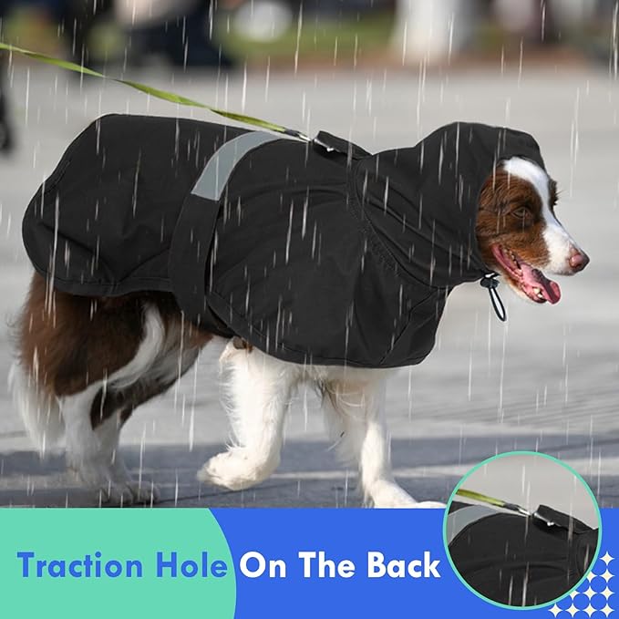 MIGOHI Dog Rain Jacket, Reflective Rain Coat for Medium Dogs | Adjustable Hind Leg Straps Rainproof, Waterproof & Windproof Coat for Rainy Days, Dog Poncho with Back Leash Hole, Black, 2XL