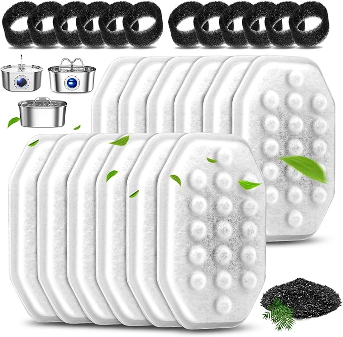 12 Pack Cat Water Fountain Filters with 12 Pack Pre-Filter Sponges Set for 3.2L/108oz Pet Cat Water Fountain, Pet Fountain Filter Replacement