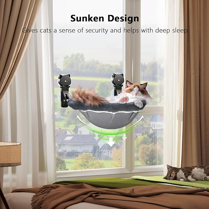 Cat Window Perch Cordless, Foldable & Stable Cat Beds- Breathable Cat Window Hammock for Overlooking, Sunbathing and Climbing - Maximum Hold Up to 40lb