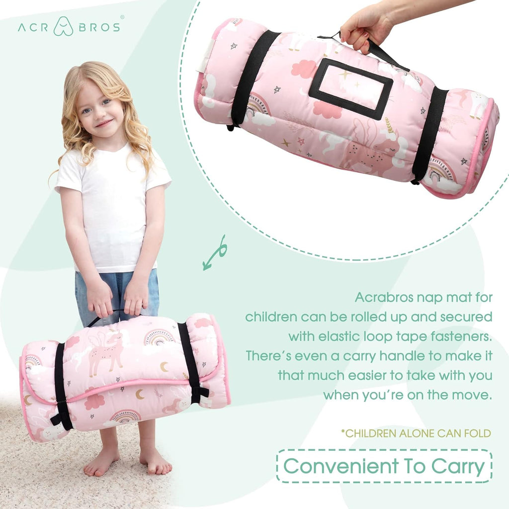 ACRABROS Toddler Nap Mat with Pillow and Blanket, Extra Large Rolled Napping Mats,Slumber Bags for Boys Girls,Kids Sleeping Bag for Daycare, Preschool Travel Camping, Unicorn