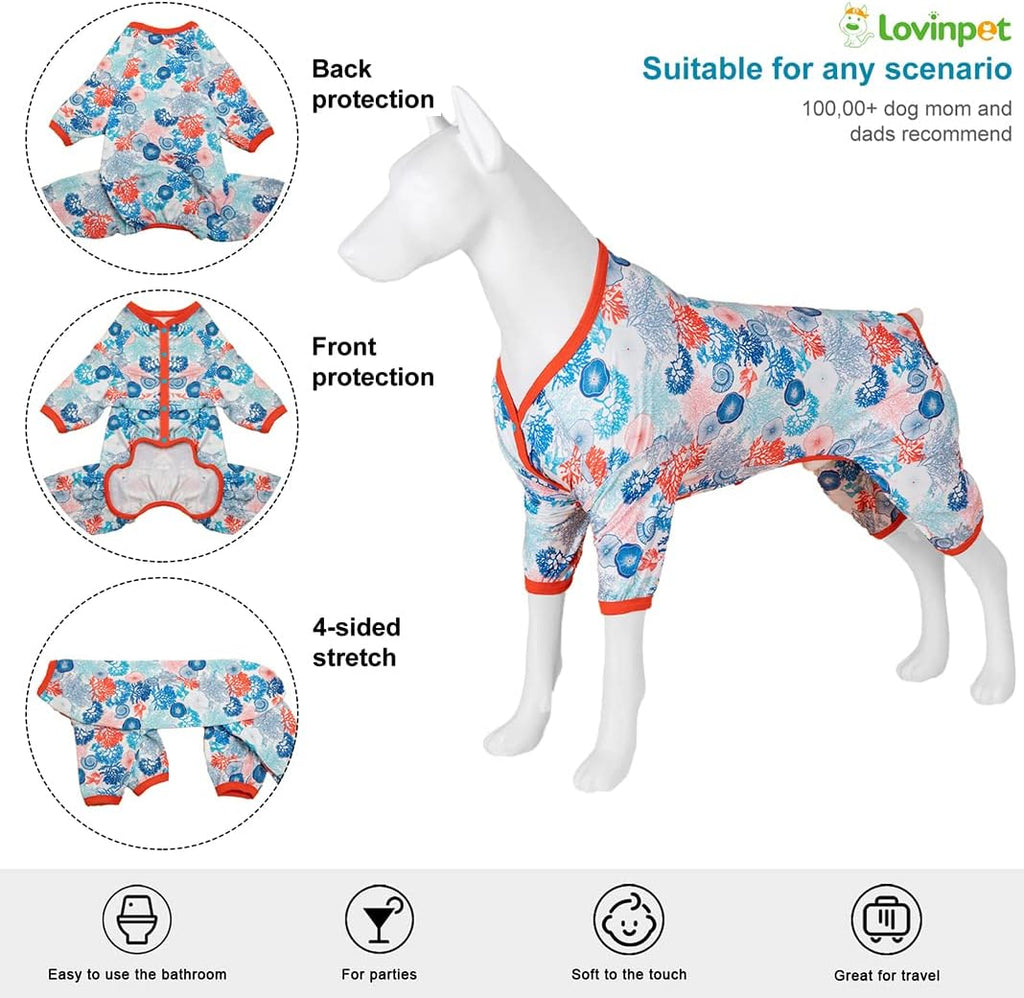 LovinPet Pajamas Outfit, Undershirt for Dog Coats, Lightweight Soft Fabric, Coral Trees and Shells Print, UV Protection Shirt, Easy to Wear Adorable Dog Clothes, Blue, XL