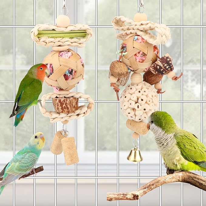 Wontee Bird Toys Colorful Shredding Crinkles Foraging Toys Natural Sola Ball Chew for Cockatiels Conures Parakeets Budgies Senegal (2 Pack)