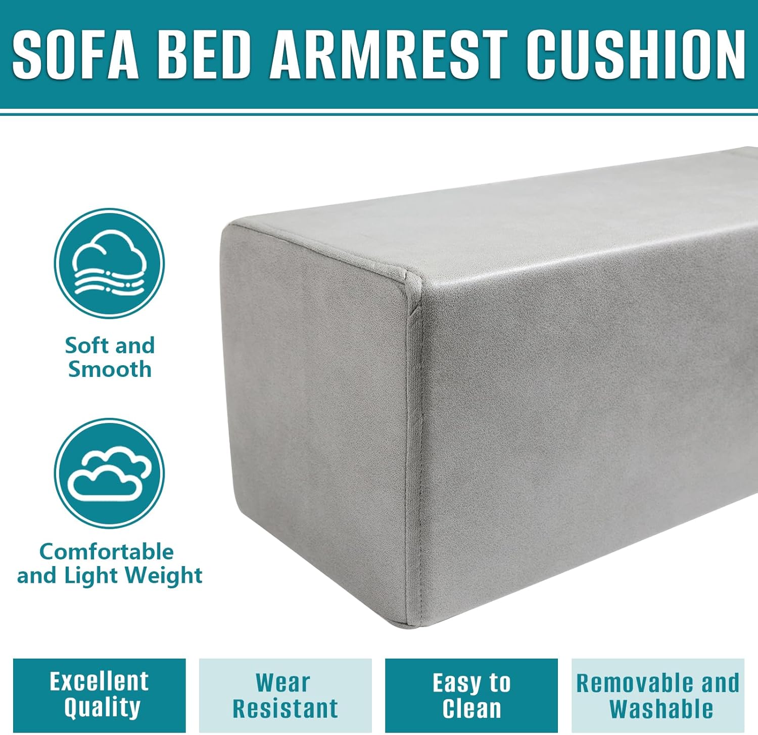 2 Pack Couch Arm Rest Pillow, 8''x8''x20'' Faux Leather Waterproof Cover, High Density Foam Armrest Cushion, Removable & Washable Elbow Support for Sofa, Bed, and Armchair (Medium Grey)