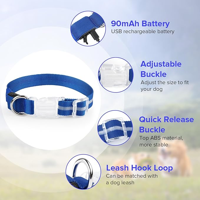 Jewyow Light Up Dog Collar, Adjustable USB Rechargeable Glow in Dark Dog Collar ，Waterproof Dog Collars for Medium Dogs (Blue, Medium)