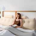 Headboard Pillow King Size, Triangular Wedge Backrest with Removable Head Roll & Side Pocket, 100% Linen Reading Pillow for Bed, Couch, Floor - Ergonomic Support for Neck, Back, White Beige