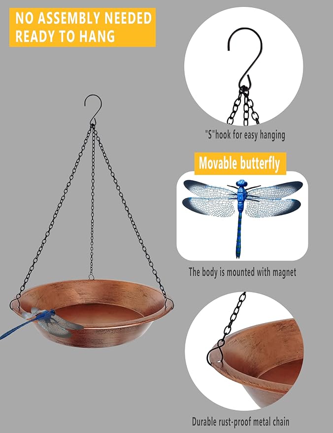 Hanging Bird Bath for Outdoor, Antique Copper Metal Bird Feeder Birdbath Bowl with 17” Rust-Proof Black Chains for Garden Backyard Decor