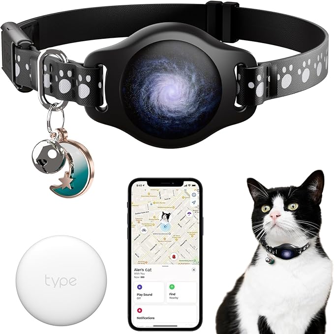Cat Tracker Collar Waterproof Airtag Cat Collar with Finder Tag (iOS ONLY Not for Android Devices), Compatible with Apple Find My, Breakaway Tractive with Reflective Pattern & Bell, Black, 8-12"