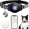 Cat Tracker Collar Waterproof Airtag Cat Collar with Finder Tag (iOS ONLY Not for Android Devices), Compatible with Apple Find My, Breakaway Tractive with Reflective Pattern & Bell, Black, 8-12"