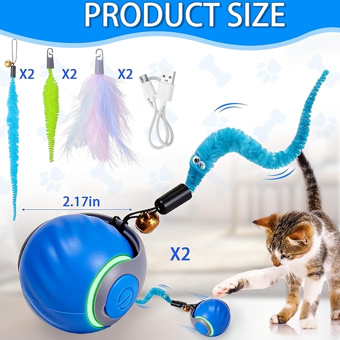 BABORUI 2Pack Blue Interactive Cat Toy Ball - Automatic Interactive Cat Toys for Indoor Cats with 3 Tails, 2 Speeds Rechargeable Enrichment for Small/Medium/Large to Keep Them Busy