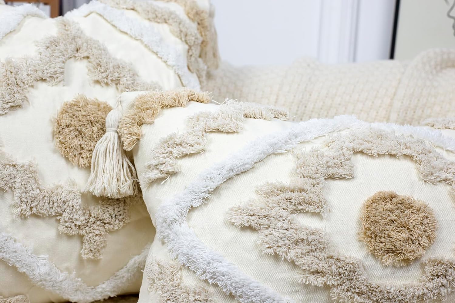 Decorative Farmhouse Throw Pillow Covers 18 x 18,Modern Neutral Couch Pillow Cover,Cotton Checked Pattern Boho Square Pillow Case Cover for Couch Bed Sofa Bedroom,Khaki&Beige&White